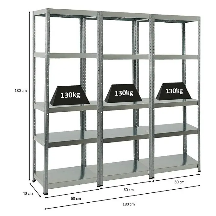 Proregal Metallregal Mega Deal Steel Eagle - Traglast pro Boden: 130 kg, Anzahl Böden: 5 Stk., Stecken, Verzinkt - Das Bild zeigt ein silbernes Metallregal mit mehreren Ebenen, die jeweils mit einem Gewicht von 130 kg belastet sind.