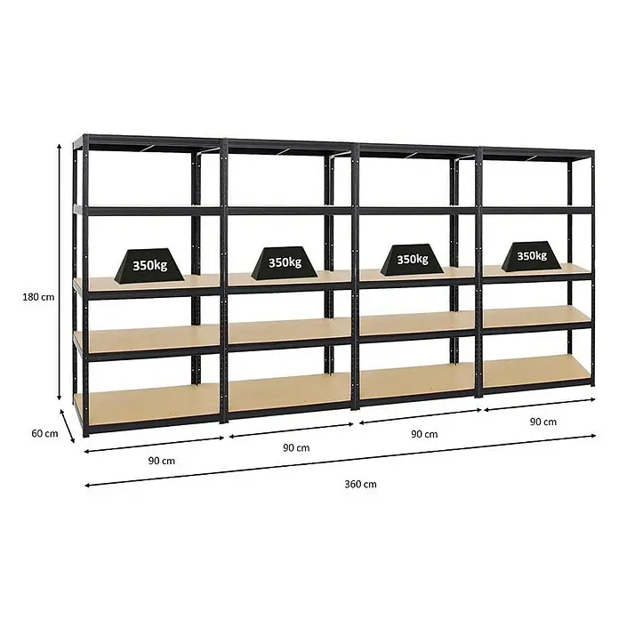 Proregal Schwerlastregal Mega Deal Slim Elephant M - Traglast pro Boden: 350 kg, Anzahl Böden: 5 Stk., Stecken, Schwarz - Ein Bild von einem modularen Schwerlastregal mit vier Ebenen, belastbar mit je 350kg, und den Maßangaben Höhe 180cm, Tiefe 60cm und Länge 360cm.