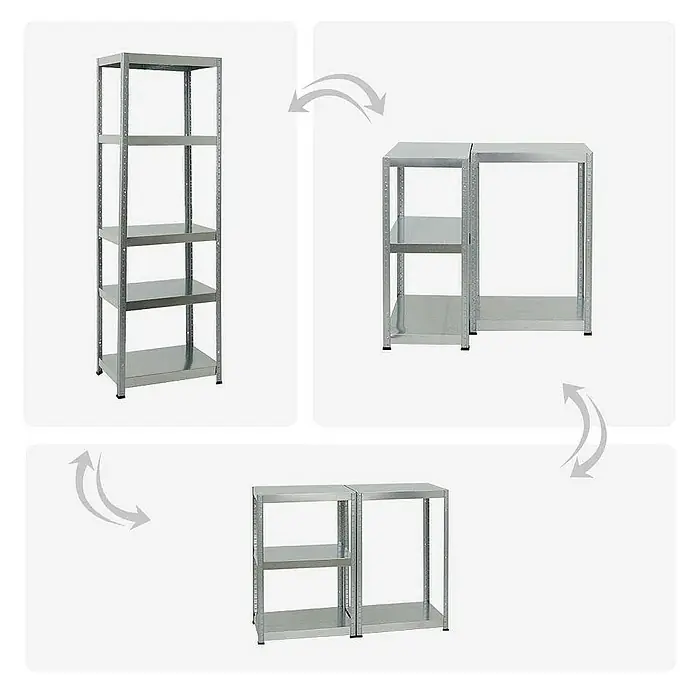Proregal Metallregal Mega Deal Steel Eagle - Traglast pro Boden: 130 kg, Anzahl Böden: 5 Stk., Stecken, Verzinkt - Produktabbildung mit einem Aufbauprozess eines Metallregals. Es zeigt die modulare Bauweise und Anpassungsfähigkeit des Regalsystems.