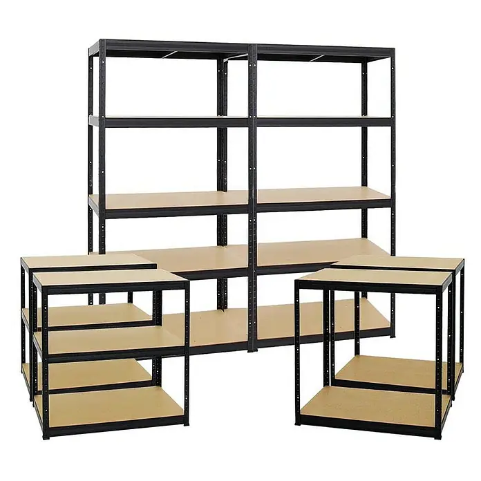 Proregal Schwerlastregal Mega Deal Slim Elephant M - Traglast pro Boden: 350 kg, Anzahl Böden: 5 Stk., Stecken, Schwarz - Mehrere robuste schwarze Metallregale mit Holzregalböden. Ideal für Lagerung und Organisation in Garage oder Keller.