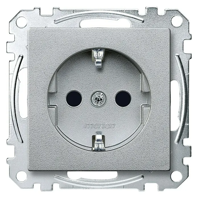 Merten M-Plan Steckdose MEG2301-0460 - Aluminium, Kunststoff, Unterputzmontage - Nahaufnahme einer Merten Steckdose in Silber, ideal für den modernen Wohnraum und einfache Installation.