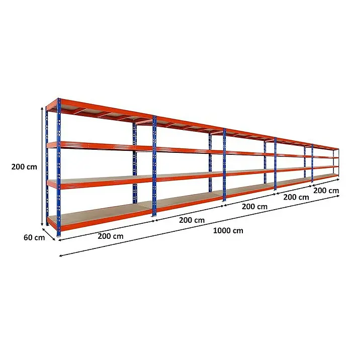 Proregal Schwerlastregal Mega Deal Profi RHINO - Traglast pro Boden: 500 kg, Anzahl Böden: 4 Stk., Stecken, Blau-Orange - Langes, blau-rotes Lagerregal mit vier Ebenen und Beschriftungen der Abmessungen, die die Tiefe, Höhe und Länge angeben.