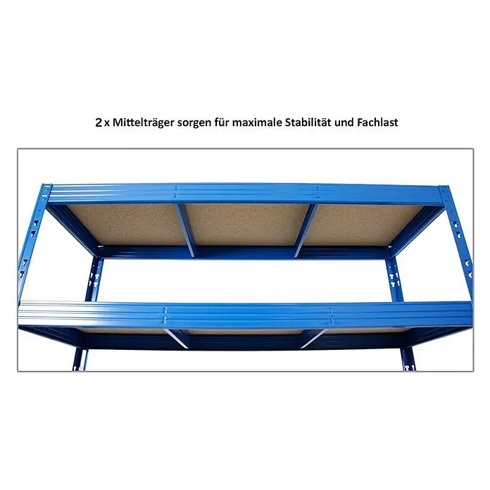 Proregal Schwerlastregal Mega Deal Profi RHINO - Traglast pro Boden: 500 kg, Anzahl Böden: 4 Stk., Stecken, Blau - Produktansicht eines blauen Schwerlastregals mit zwei Regalböden und Mittelträgern für maximale Stabilität und Fachlast.