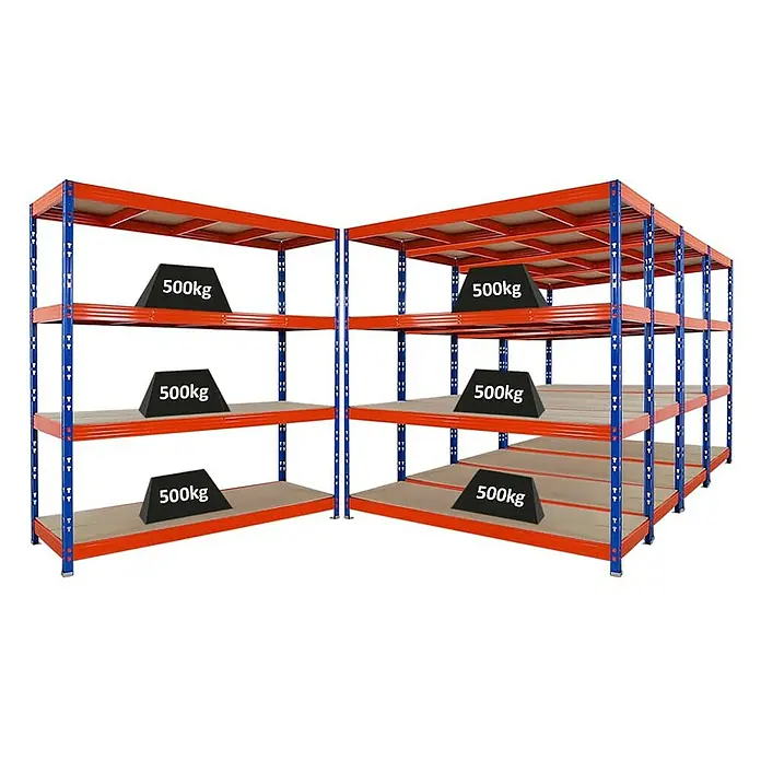 Proregal Schwerlastregal Mega Deal Profi RHINO - Traglast pro Boden: 500 kg, Anzahl Böden: 4 Stk., Stecken, Blau-Orange - Schwerlastregal mit mehreren Ebenen zur Lagerung von Gütern, wobei jede Ebene mit 500 kg belastet ist.