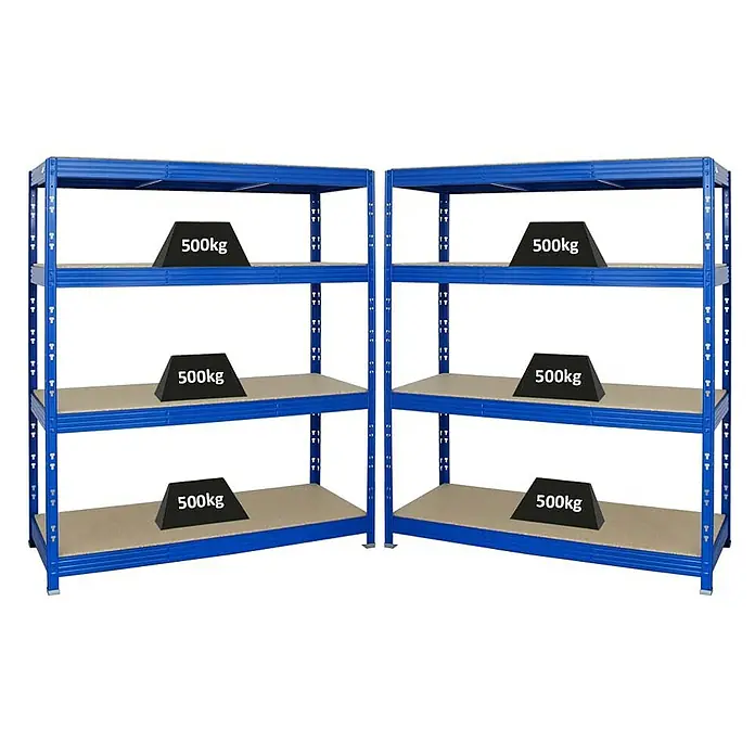 Proregal Schwerlastregal Mega Deal Profi RHINO - Traglast pro Boden: 500 kg, Anzahl Böden: 4 Stk., Stecken, Blau - Zwei blaue Schwerlastregale mit vier Ebenen, jede beladen mit einem 500 kg schweren Gewicht, ideal für Lagerung.