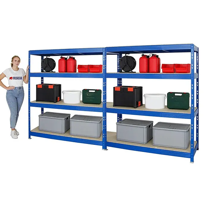 Proregal Schwerlastregal Mega Deal Profi RHINO - Traglast pro Boden: 500 kg, Anzahl Böden: 4 Stk., Stecken, Blau - Lagerregal mit vier Ebenen in Blau mit diversen Behältern und einer Dame zur Größenanzeige.