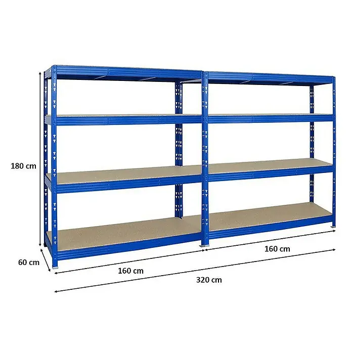 Proregal Schwerlastregal Mega Deal Profi RHINO - Traglast pro Boden: 500 kg, Anzahl Böden: 4 Stk., Stecken, Blau - Blaues Metallregal mit vier Ebenen und den Maßen 180 cm Höhe, 320 cm Breite und 60 cm Tiefe.