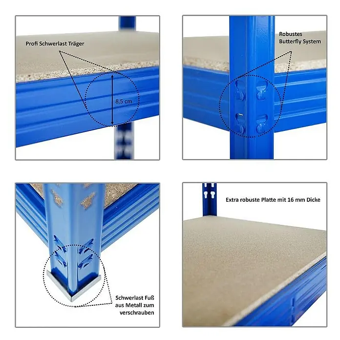 Proregal Schwerlastregal Mega Deal Profi RHINO - Traglast pro Boden: 500 kg, Anzahl Böden: 4 Stk., Stecken, Blau - Detailaufnahmen eines Schwerlastregals mit robustem Butterfly-System, Metallfüßen und 16 mm dicken Platten.