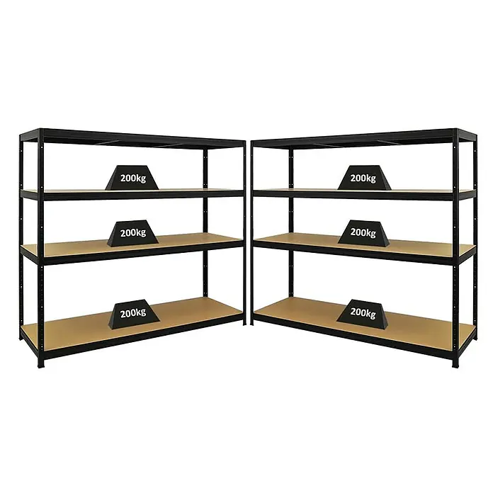 Proregal Schwerlastregal Mega Deal Giant Elephant - H x B x T: 160 x 180 x 60 cm, Traglast pro Boden: 200 kg, Anzahl Böden: 4 Stk., Stecken, Schwarz - Zwei schwarze Metallregale mit Holzregalböden und einer Belastung von 200 kg auf jeder Ebene.