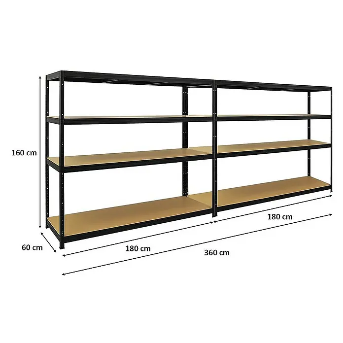 Proregal Schwerlastregal Mega Deal Giant Elephant - H x B x T: 160 x 180 x 60 cm, Traglast pro Boden: 200 kg, Anzahl Böden: 4 Stk., Stecken, Schwarz - Abbildung eines schwarzen Regals mit vier Ebenen und den Maßen 160 cm hoch, 60 cm tief und 360 cm breit.