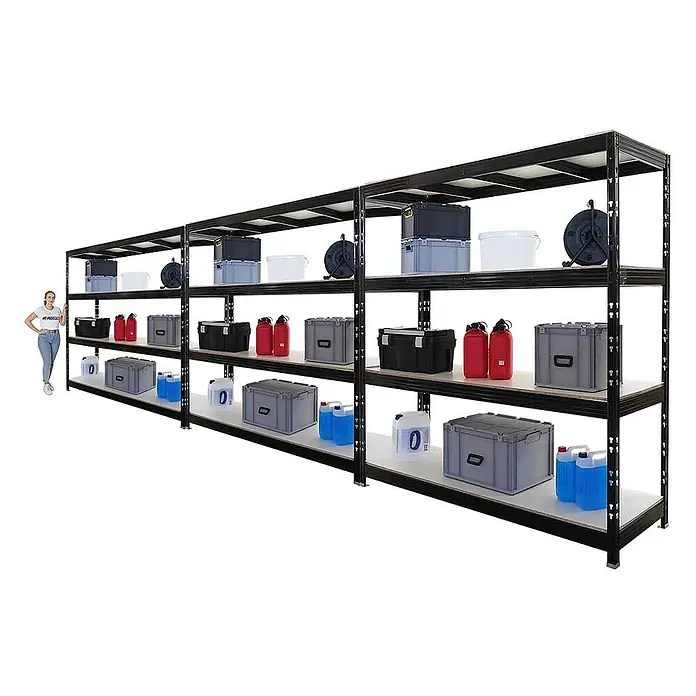 Proregal Schwerlastregal Mega Deal Profi RHINO - Traglast pro Boden: 500 kg, Anzahl Böden: 4 Stk., Stecken, Schwarz - Regal mit vier Ebenen, gefüllt mit diversen Behältern und Kanistern, ideal für Lagerung und Organisation.
