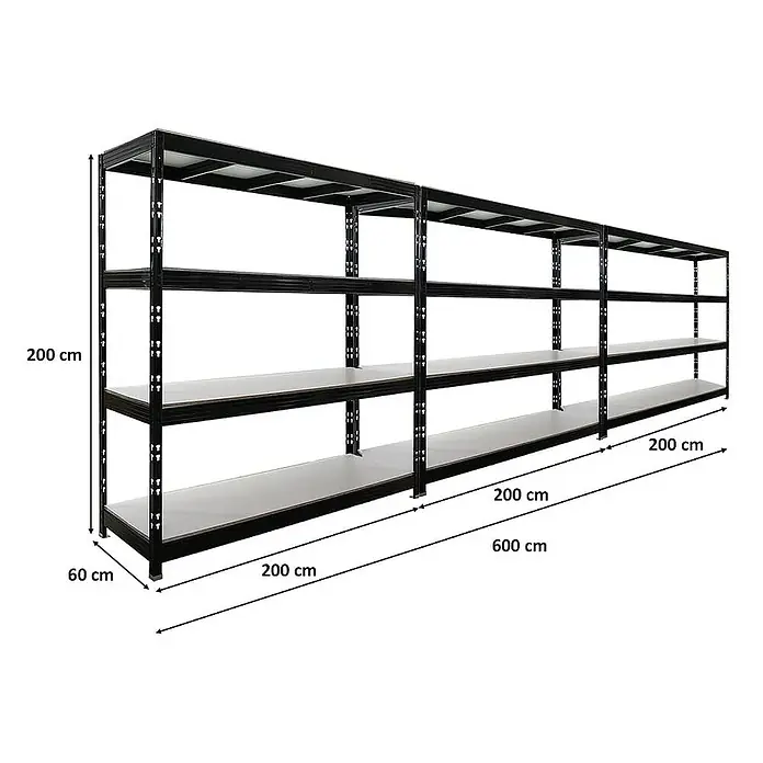 Proregal Schwerlastregal Mega Deal Profi RHINO - Traglast pro Boden: 500 kg, Anzahl Böden: 4 Stk., Stecken, Schwarz - Regal mit drei Ebenen und schwarzen Metallrahmen. Das Regal ist 200 cm hoch, 60 cm tief und 600 cm breit.