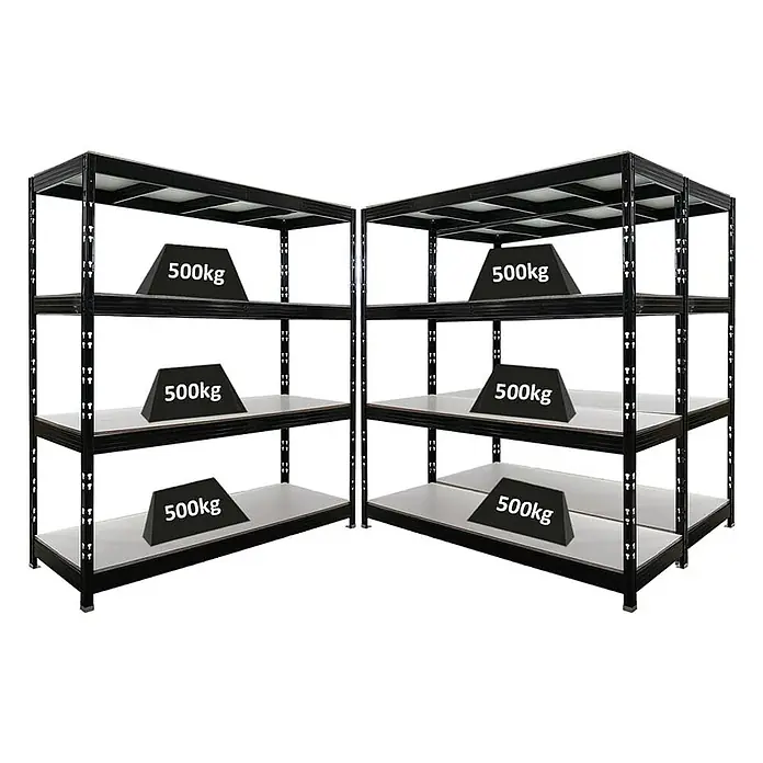 Proregal Schwerlastregal Mega Deal Profi RHINO - Traglast pro Boden: 500 kg, Anzahl Böden: 4 Stk., Stecken, Schwarz - Schwarze Schwerlastregale mit 500 kg Gewichtsangabe auf jeder Ebene.