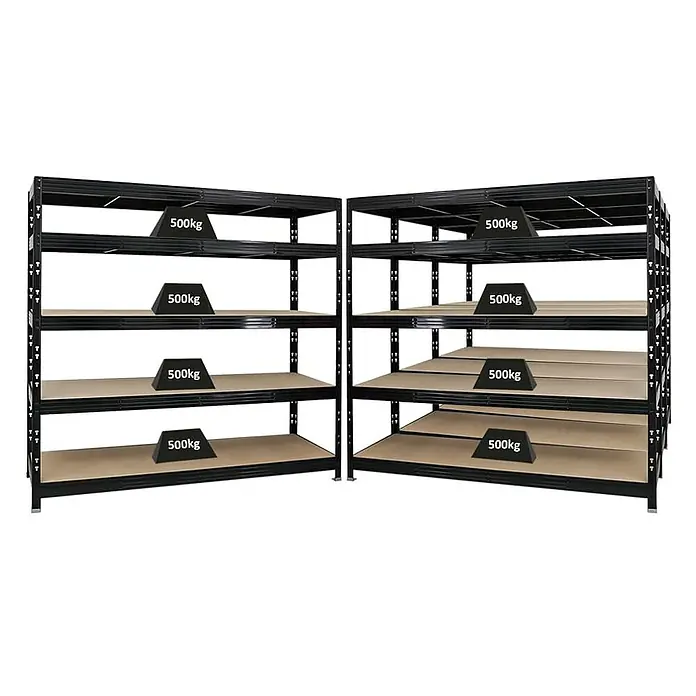 Proregal Schwerlastregal Mega Deal Profi RHINO - Traglast pro Boden: 500 kg, Anzahl Böden: 5 Stk., Stecken, Schwarz - Schwarzes Schwerlastregal mit fünf Ebenen, auf denen Gewichte platziert sind, die jeweils 500 kg tragen können. Ideal für Lager.