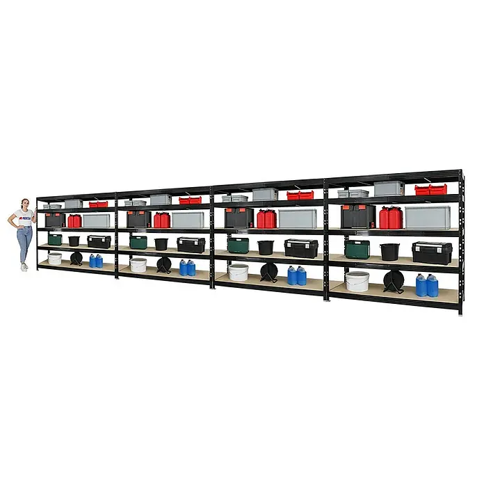 Proregal Schwerlastregal Mega Deal Profi RHINO - Traglast pro Boden: 500 kg, Anzahl Böden: 5 Stk., Stecken, Schwarz - Langes, schwarzes Regalsystem mit diversen Behältern und einer stehenden Person für Größenvergleich.