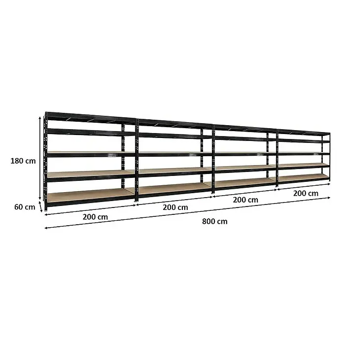 Proregal Schwerlastregal Mega Deal Profi RHINO - Traglast pro Boden: 500 kg, Anzahl Böden: 5 Stk., Stecken, Schwarz - Regalsystem mit 4 Ebenen, 180 cm hoch, 60 cm tief und 800 cm breit. Das schwarze Metallregal bietet viel Stauraum für Werkstatt oder Lager.
