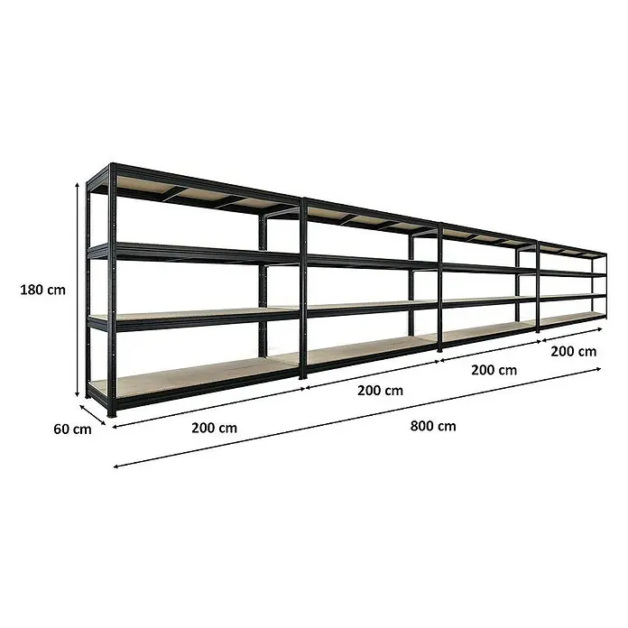 Proregal Schwerlastregal Mega Deal DINO - Traglast pro Boden: 500 kg, Anzahl Böden: 4 Stk., Stecken, Schwarz - Bild eines langen schwarzen Regalsystems mit vier Ebenen aus Holz und Metall, Abmessungen sind angegeben.