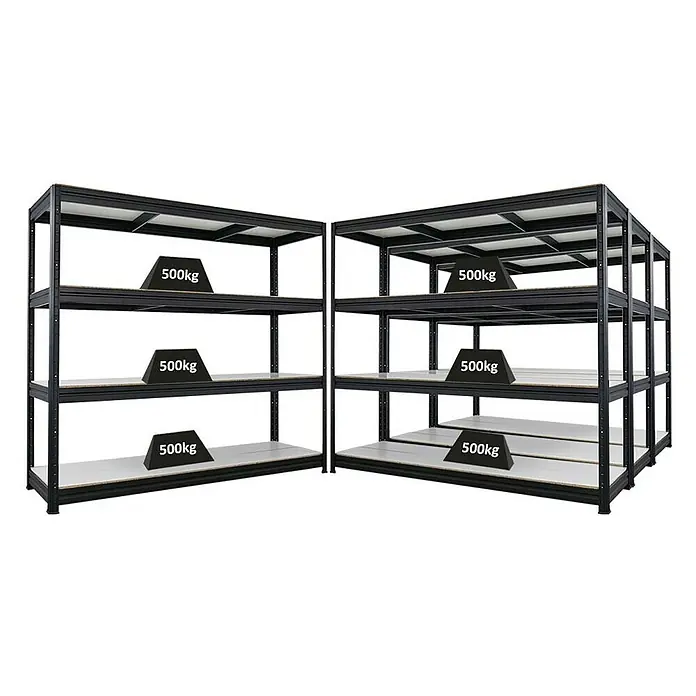 Proregal Schwerlastregal Mega Deal DINO - H x B x T: 180 x 200 x 60 cm, Traglast pro Boden: 500 kg, Anzahl Böden: 4 Stk., Stecken, Schwarz - Regal mit vier Ebenen, belastet mit 500kg Gewichten, dargestellt in einer Lagerumgebung für hohe Traglasten.