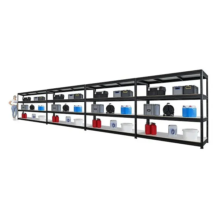 Proregal Schwerlastregal Mega Deal DINO - H x B x T: 180 x 200 x 60 cm, Traglast pro Boden: 500 kg, Anzahl Böden: 4 Stk., Stecken, Schwarz - Das Bild zeigt ein großes, schwarzes Schwerlastregal mit mehreren Regalböden, beladen mit verschiedenen Aufbewahrungsbehältern und Kanistern.
