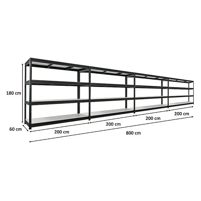 Proregal Schwerlastregal Mega Deal DINO - H x B x T: 180 x 200 x 60 cm, Traglast pro Boden: 500 kg, Anzahl Böden: 4 Stk., Stecken, Schwarz - Regal-System mit 4 Ebenen, robust und langlebig, ideal für Lagerung und Organisation. Gesamtmaße: 800 cm breit, 180 cm hoch und 60 cm tief.