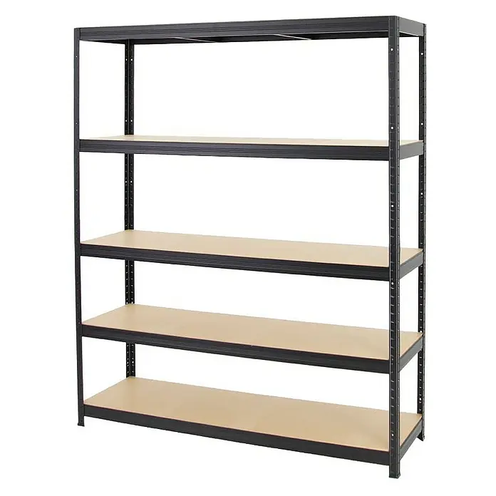 Proregal Schwerlastregal Mega Deal Giant Elephant - H x B x T: 180 x 150 x 45 cm, Traglast pro Boden: 200 kg, Anzahl Böden: 5 Stk., Stecken, Schwarz - Abbildung eines schwarzen Metallregals mit vier Regalböden. Ideal für Lagerung und Organisation im Keller oder in der Garage.
