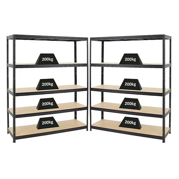 Proregal Schwerlastregal Mega Deal Giant Elephant - H x B x T: 180 x 150 x 45 cm, Traglast pro Boden: 200 kg, Anzahl Böden: 5 Stk., Stecken, Schwarz - Bild von zwei schwarzen Regalen mit jeweils vier Regalböden, von denen jeder mit einem Gewicht von 200 kg belastet ist.