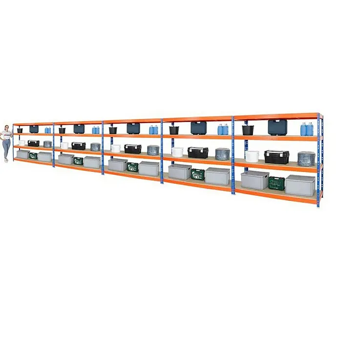 Proregal Schwerlastregal Mega Deal Profi RHINO - Traglast pro Boden: 500 kg, Anzahl Böden: 4 Stk., Stecken, Blau-Orange - Lagerregal mit mehreren Ebenen und verschiedenen Behältern, ideal für Organisation und Lagerung.
