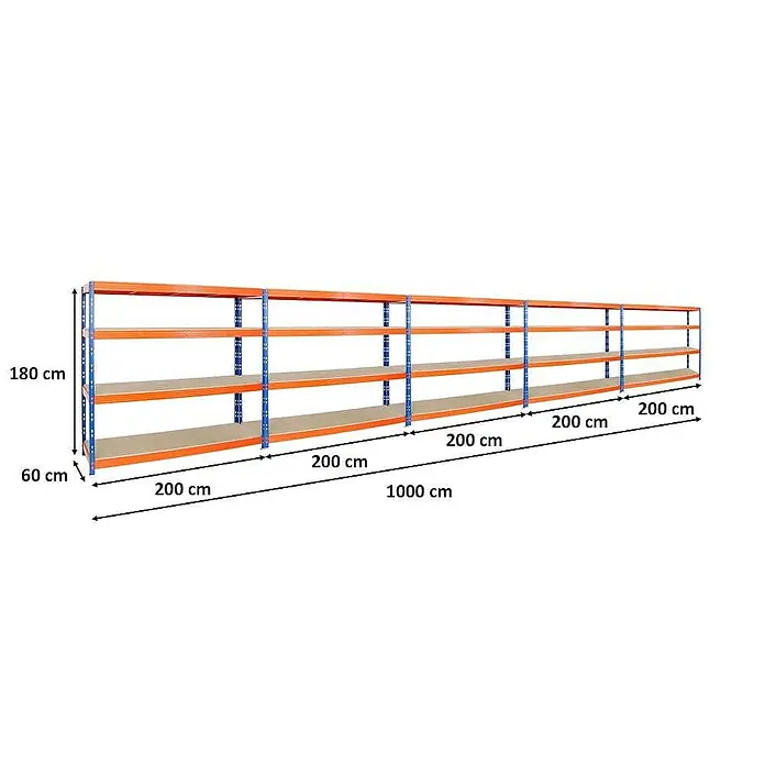 Proregal Schwerlastregal Mega Deal Profi RHINO - Traglast pro Boden: 500 kg, Anzahl Böden: 4 Stk., Stecken, Blau-Orange - Ein langes, mehrstufiges Lagerregal mit orangefarbenen Rahmen und Holzböden zur Aufbewahrung und Organisation von Gegenständen.