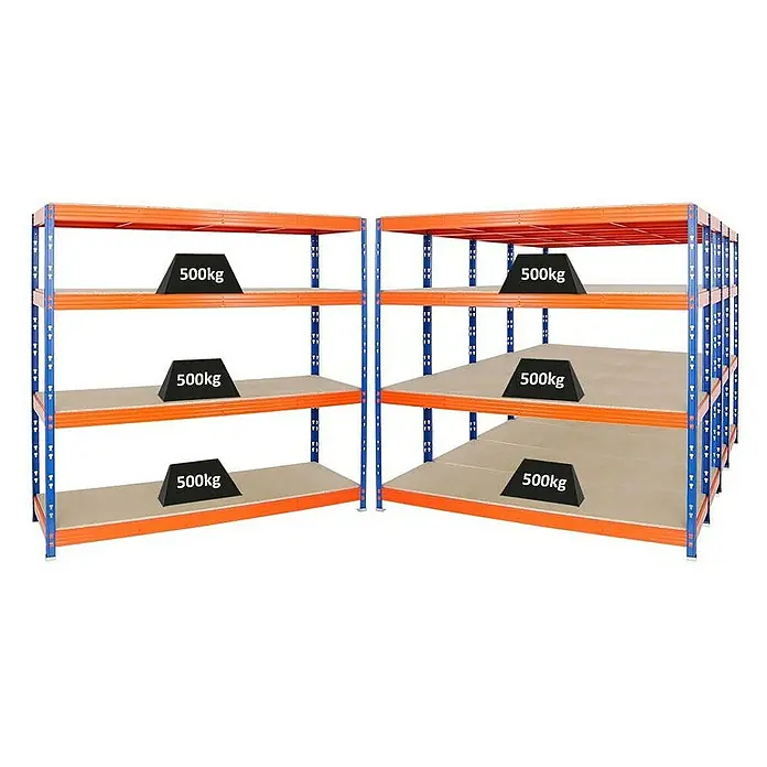 Proregal Schwerlastregal Mega Deal Profi RHINO - Traglast pro Boden: 500 kg, Anzahl Böden: 4 Stk., Stecken, Blau-Orange - Schwerlastregale mit je 500kg Belastung auf den einzelnen Regalböden. Blaue Ständer und orangefarbene Regalelemente.