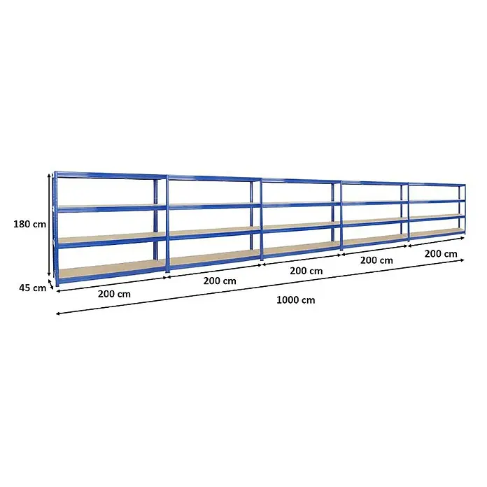 Proregal Schwerlastregal Mega Deal DINO - Traglast pro Boden: 500 kg, Anzahl Böden: 4 Stk., Stecken, Blau - Das Bild zeigt eine lange blaue Regaleinheit mit drei Regalböden. Die Gesamtlänge des Regals beträgt 1000 cm, die Höhe 180 cm und die Tiefe 45 cm.