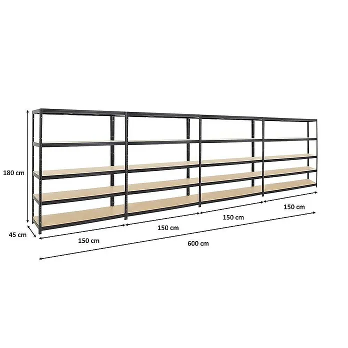 Proregal Schwerlastregal Mega Deal Giant Elephant - H x B x T: 180 x 150 x 45 cm, Traglast pro Boden: 200 kg, Anzahl Böden: 5 Stk., Stecken, Schwarz - Abbildung eines langen, modularen Schwerlastregals mit mehreren Ebenen zur Lagerung und Organisation.