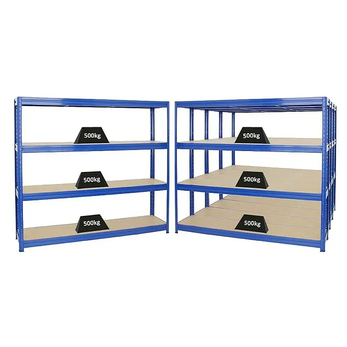 Proregal Schwerlastregal Mega Deal DINO - Traglast pro Boden: 500 kg, Anzahl Böden: 4 Stk., Stecken, Blau - Blaues Schwerlastregal mit Holzregalböden und schwarzen 500 kg Gewichten. Das Schwerlastregal ist ideal für Lager und Werkstätten.