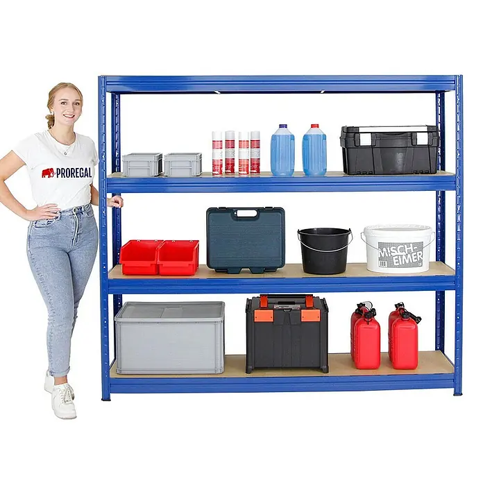Proregal Schwerlastregal Mega Deal DINO - Traglast pro Boden: 500 kg, Anzahl Böden: 4 Stk., Stecken, Blau - Regal mit vier Ebenen, beladen mit verschiedenen Aufbewahrungsbehältern, daneben eine Frau, die sich an das Regal lehnt.