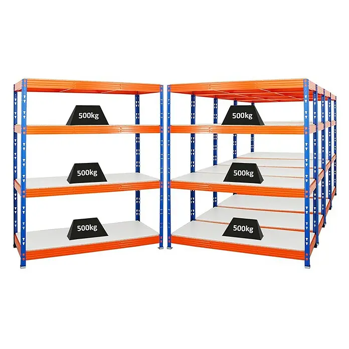 Proregal Schwerlastregal Mega Deal Profi RHINO - H x B x T: 180 x 160 x 60 cm, Traglast pro Boden: 500 kg, Anzahl Böden: 4 Stk., Stecken, Blau-Orange - Schwerlastregale aus Metall, orangefarben mit blauen Eckverbindungen, belastet mit je 500kg schweren Gewichten auf jeder Ebene.