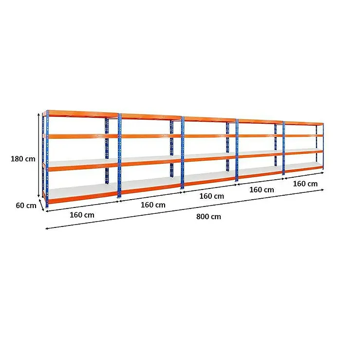 Proregal Schwerlastregal Mega Deal Profi RHINO - H x B x T: 180 x 160 x 60 cm, Traglast pro Boden: 500 kg, Anzahl Böden: 4 Stk., Stecken, Blau-Orange - Abbildung eines modularen Lagersystems mit mehreren Ebenen und den Maßangaben 180 cm Höhe, 60 cm Tiefe und 800 cm Länge.