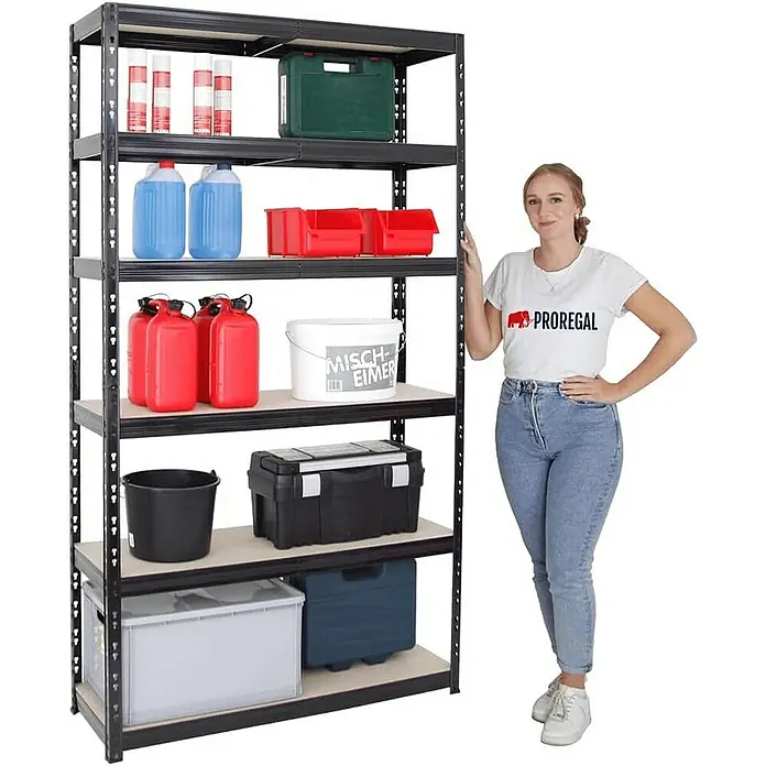 Proregal Schwerlastregal Giant Tiger XL - H x B x T: 220 x 120 x 40 cm, Traglast pro Boden: 265 kg, Anzahl Böden: 6 Stk., Stecken, Schwarz - Lagerregal mit sechs Ebenen, beladen mit verschiedenen Behältern, neben einer Frau.