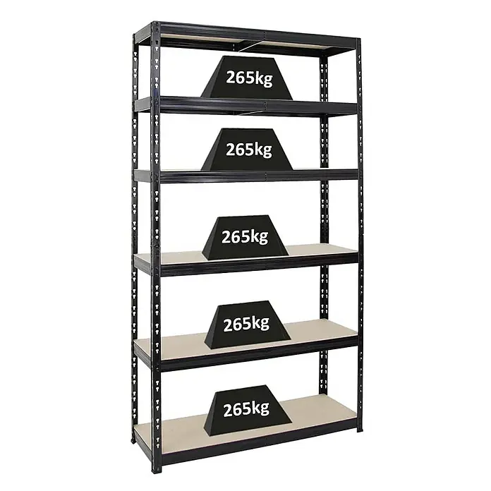 Proregal Schwerlastregal Giant Tiger XL - H x B x T: 220 x 120 x 40 cm, Traglast pro Boden: 265 kg, Anzahl Böden: 6 Stk., Stecken, Schwarz - Ein Regal mit fünf Ablagen ist mit Gewichten von 265 kg beladen. Das schwarze Metallregal ist robust und bietet viel Stauraum.