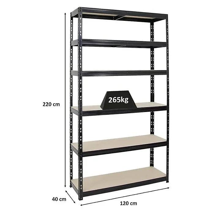 Proregal Schwerlastregal Giant Tiger XL - H x B x T: 220 x 120 x 40 cm, Traglast pro Boden: 265 kg, Anzahl Böden: 6 Stk., Stecken, Schwarz - Schwarzes Metallregal mit sechs Ablagen und den Maßen 220 cm Höhe, 120 cm Breite und 40 cm Tiefe. Die Belastbarkeit des Regals beträgt 265kg.