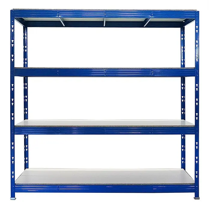 Proregal Schwerlastregal Mega Deal Profi RHINO - Traglast pro Boden: 500 kg, Anzahl Böden: 4 Stk., Stecken, Schwarz - Regal mit vier Ablagen und blauem Metallrahmen. Ideal für Lagerung und Organisation in Garage oder Lagerraum.