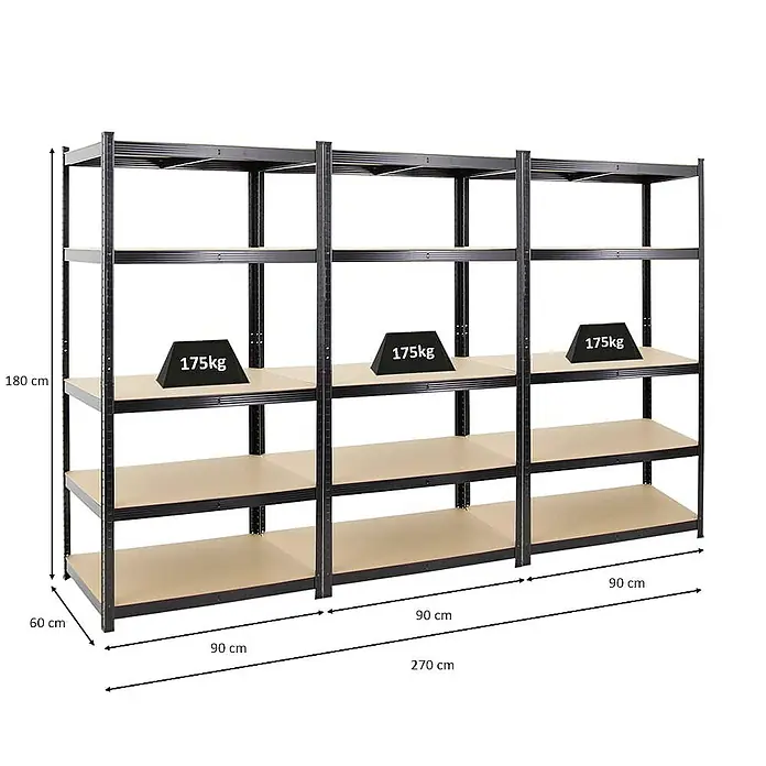 Proregal Schwerlastregal Mega Deal TAURUS - H x B x T: 180 x 90 x 60 cm, Traglast pro Boden: 175 kg, Anzahl Böden: 5 Stk., Stecken, Schwarz - Abbildung eines Schwerlastregals mit Maßen und Gewichtsangaben. Das Regal ist mit mehreren Regalböden ausgestattet.