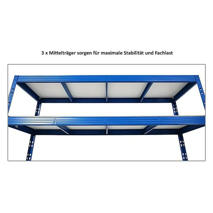 Proregal Schwerlastregal Mega Deal Profi RHINO - Traglast pro Boden: 500 kg, Anzahl Böden: 4 Stk., Stecken, Schwarz - Das Bild zeigt ein blaues Schwerlastregal mit zwei Ebenen und Holzplatten. Es ist mit drei Mittelträgern für maximale Stabilität ausgestattet.
