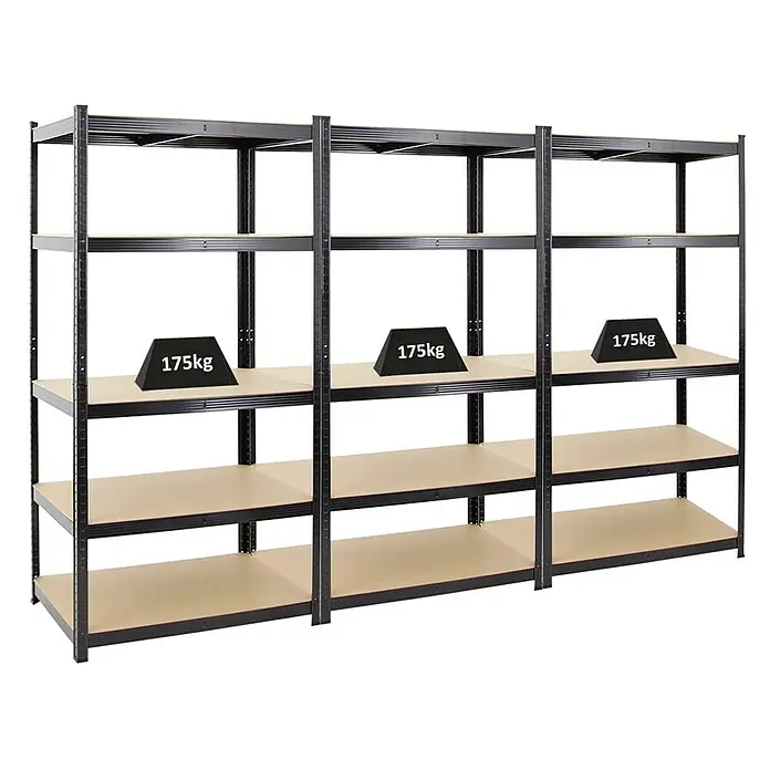 Proregal Schwerlastregal Mega Deal TAURUS - H x B x T: 180 x 90 x 60 cm, Traglast pro Boden: 175 kg, Anzahl Böden: 5 Stk., Stecken, Schwarz - Lagerregal aus Metall mit mehreren Ebenen und Gewichtsangabe.