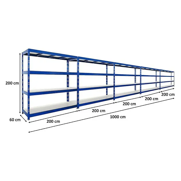 Proregal Schwerlastregal Mega Deal Profi RHINO - Traglast pro Boden: 500 kg, Anzahl Böden: 4 Stk., Stecken, Schwarz - Langes, blaues Metallregal mit vier Ebenen und Maßangaben. Ideal für Lagerung und Organisation im Lager oder Keller.