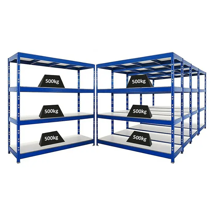 Proregal Schwerlastregal Mega Deal Profi RHINO - Traglast pro Boden: 500 kg, Anzahl Böden: 4 Stk., Stecken, Schwarz - Blaues Schwerlastregal mit vier Ebenen, beladen mit Gewichten von 500 kg, ideal für Lagerung und Organisation in Werkstätten oder Lagerräumen.