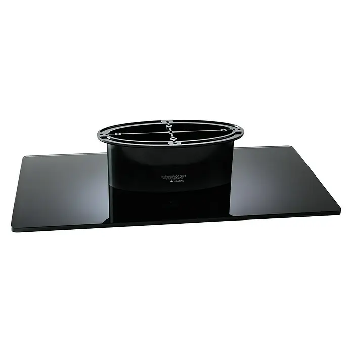 Voltomat HEATING Stand- & Wandkamin Flat - Schwarz, 26 x 128 x 61 cm - Die Basis eines Heizgeräts mit rechteckiger, glänzend schwarzer Glasplatte und einem schwarzen, zylindrischen Sockel in der Mitte.