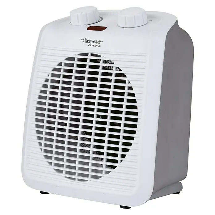 Voltomat HEATING Heizlüfter - 1.000 W - 2.000 W, Weiß/Grau, 19,5 x 14,9 x 23 cm - Weißer Voltomaten-Heizlüfter mit runder Frontabdeckung und zwei Drehknöpfen zur Steuerung.