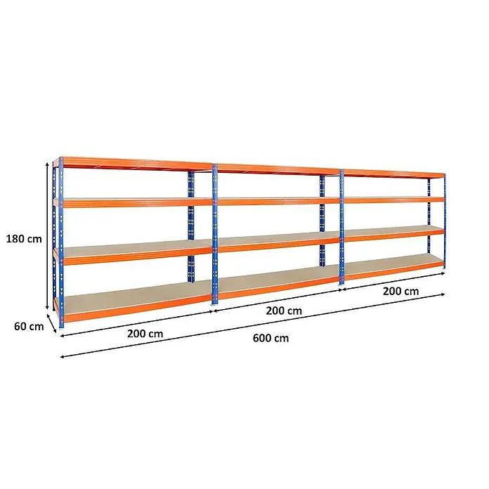 Proregal Schwerlastregal Mega Deal Profi RHINO - Traglast pro Boden: 500 kg, Anzahl Böden: 4 Stk., Stecken, Blau-Orange - Langes, mehrstöckiges Lagerregal mit orangefarbenen Rahmen und hellbraunen Regalböden, das für viel Stauraum sorgt.