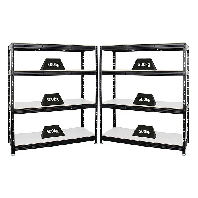 Proregal Schwerlastregal Mega Deal Profi RHINO - Traglast pro Boden: 500 kg, Anzahl Böden: 4 Stk., Stecken, Schwarz - Metallregal mit vier Ebenen und einer Belastung von 500kg pro Ebene.