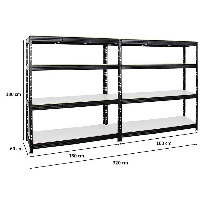 Proregal Schwerlastregal Mega Deal Profi RHINO - Traglast pro Boden: 500 kg, Anzahl Böden: 4 Stk., Stecken, Schwarz - Regal mit vier Ablagen, das 180 cm hoch, 320 cm breit und 60 cm tief ist. Ideal für Lagerung und Organisation in Werkstatt oder Garage.