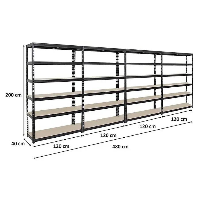 Proregal Schwerlastregal Mega Deal Giant Tiger - Traglast pro Boden: 265 kg, Anzahl Böden: 6 Stk., Stecken, Schwarz - Abbildung eines schwarzen Metallregals mit Holzregalböden, Maße: 200 cm hoch, 480 cm breit und 40 cm tief.